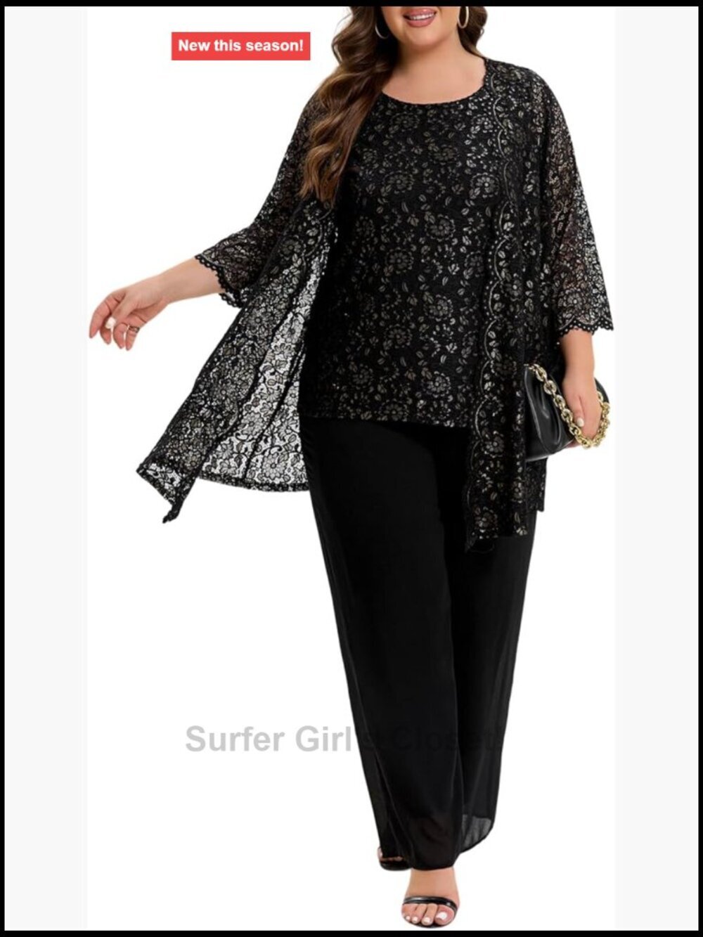 Plus Size Lace Mother of the Bride Pant Suit 3-Piece Wedding Formal Outfit Set